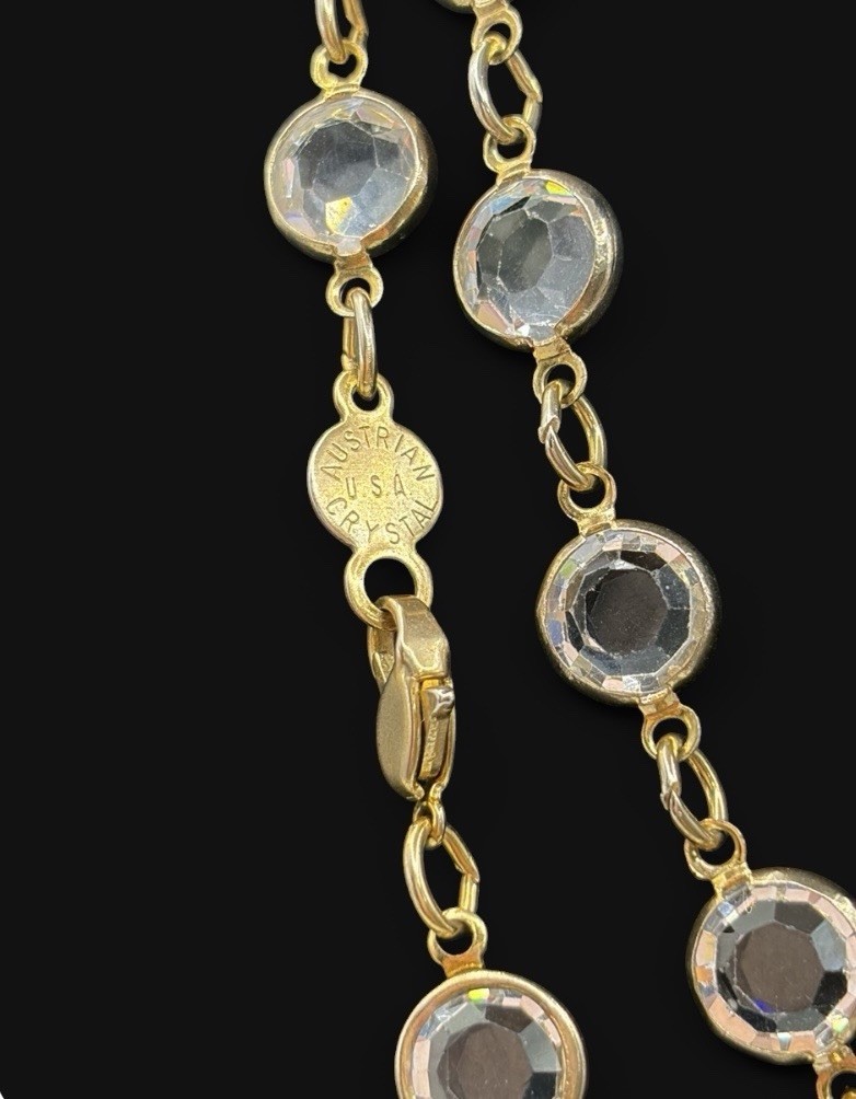 Vintage 1980s Austrian Crystal USA Bezel Station Necklace Gold Tone Long 30″