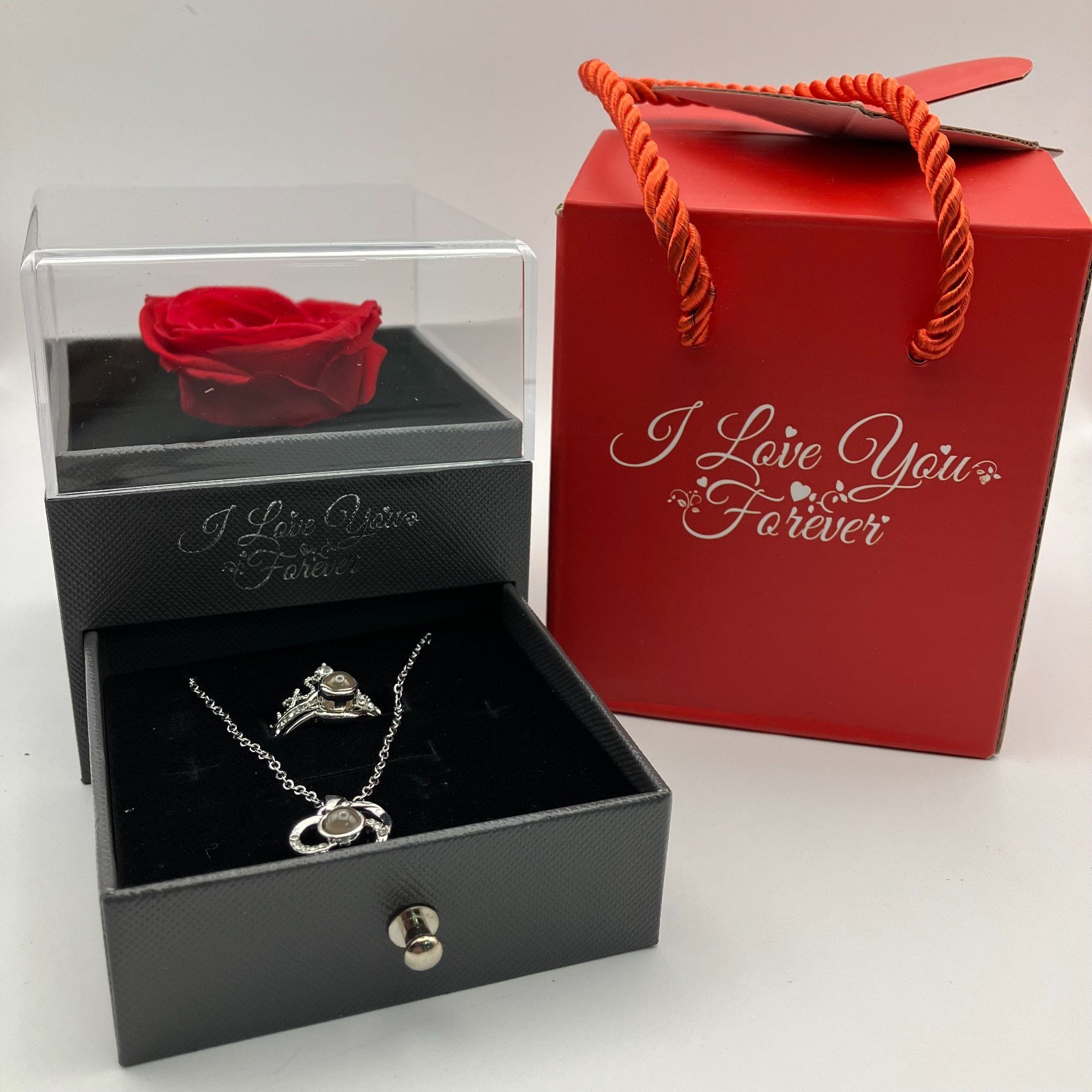 Preserved Rose I LOVE YOU FOREVER Silver Ring & Necklace Jewelry Gift Box set