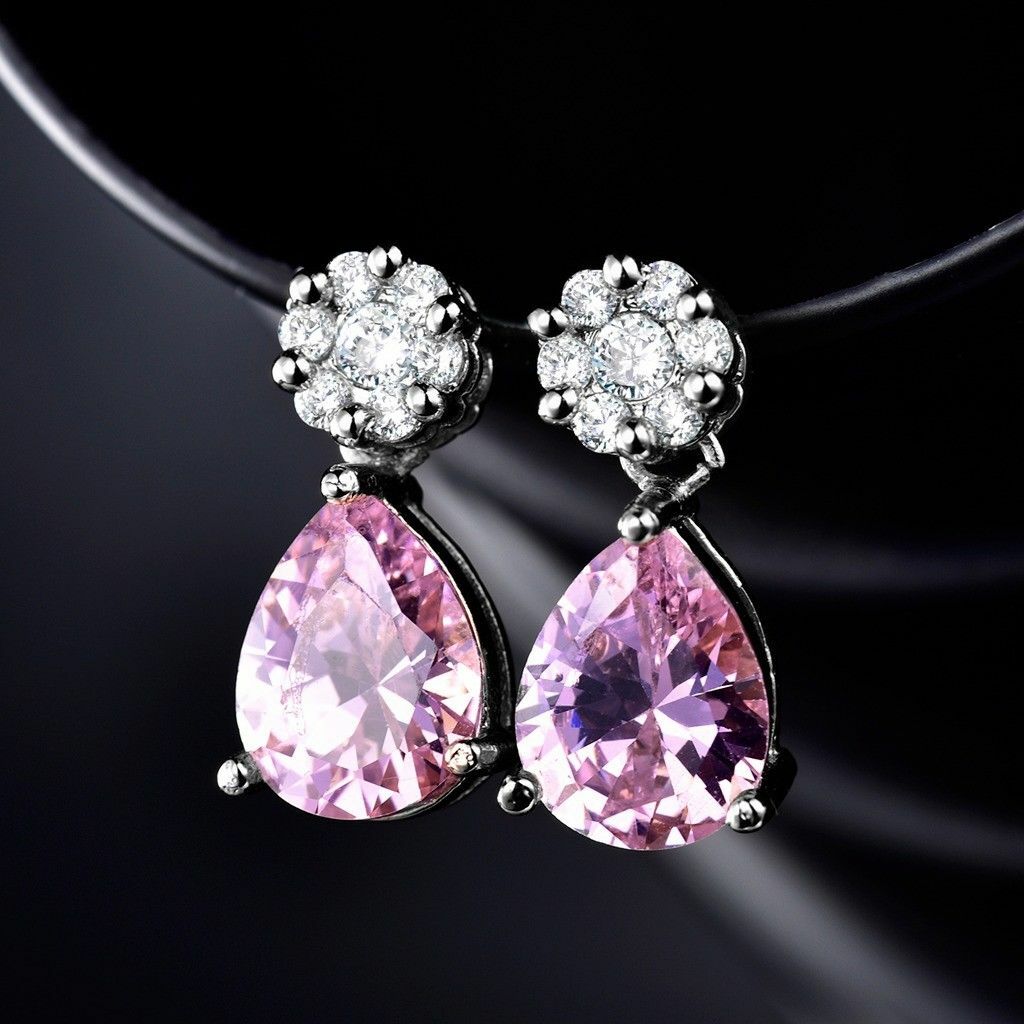 New White Gold Filled Pink & White Round & Teardrop CZ Post Stud Dangle Earrings