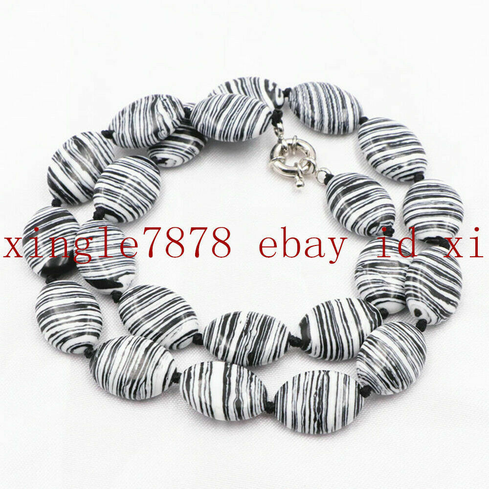Natural 13x18mm Black White Striped Turquoise Oval Gemstone Beads Necklace 20″