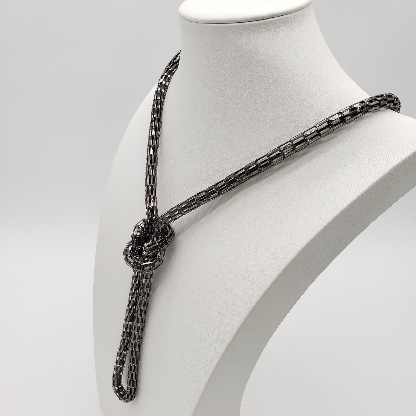 3D Gunmetal Gray Mesh Chain Knotted Long Statement Necklace Y-Drop Rope 43″