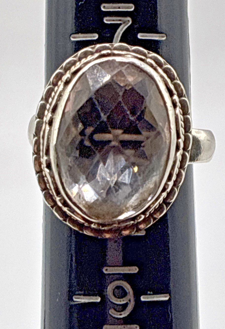 Sterling Silver Large Faceted Clear Stone Ring Size 8 Ornate Band 9.1g Bargain