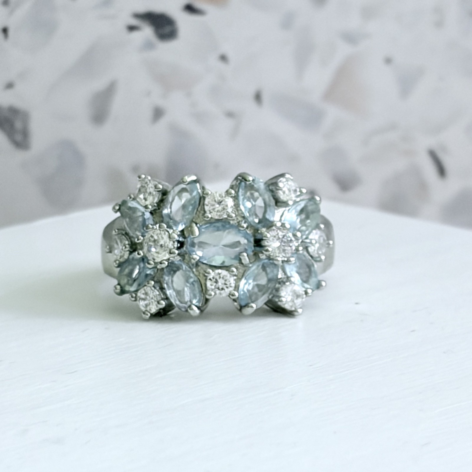 14k Gold Aquamarine Marquise Cut 14k White Gold & 925 S.S. Cocktail Womens Ring