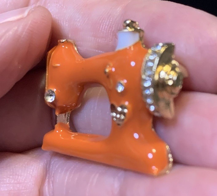 Orange Enamel Crystal Sewing Machine Brooch Pin Craft Lover