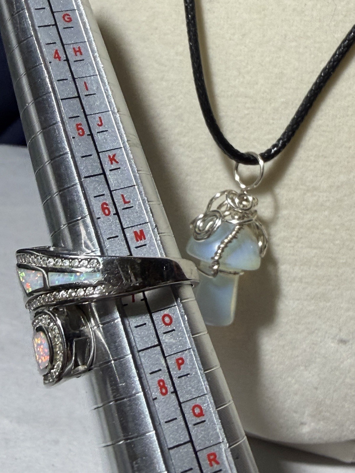 Wire Wrapped Opalite Mushroom Necklace & Inlaid White Fire Opal Bypass Ring Set