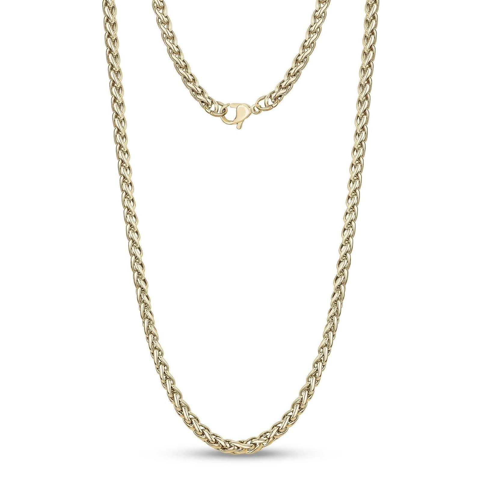 GOLD 316L STAINLESS STEEL 3MM WIDE 22″ / 55CM LONG SPIGA WHEAT ROPE KNOT CHAIN