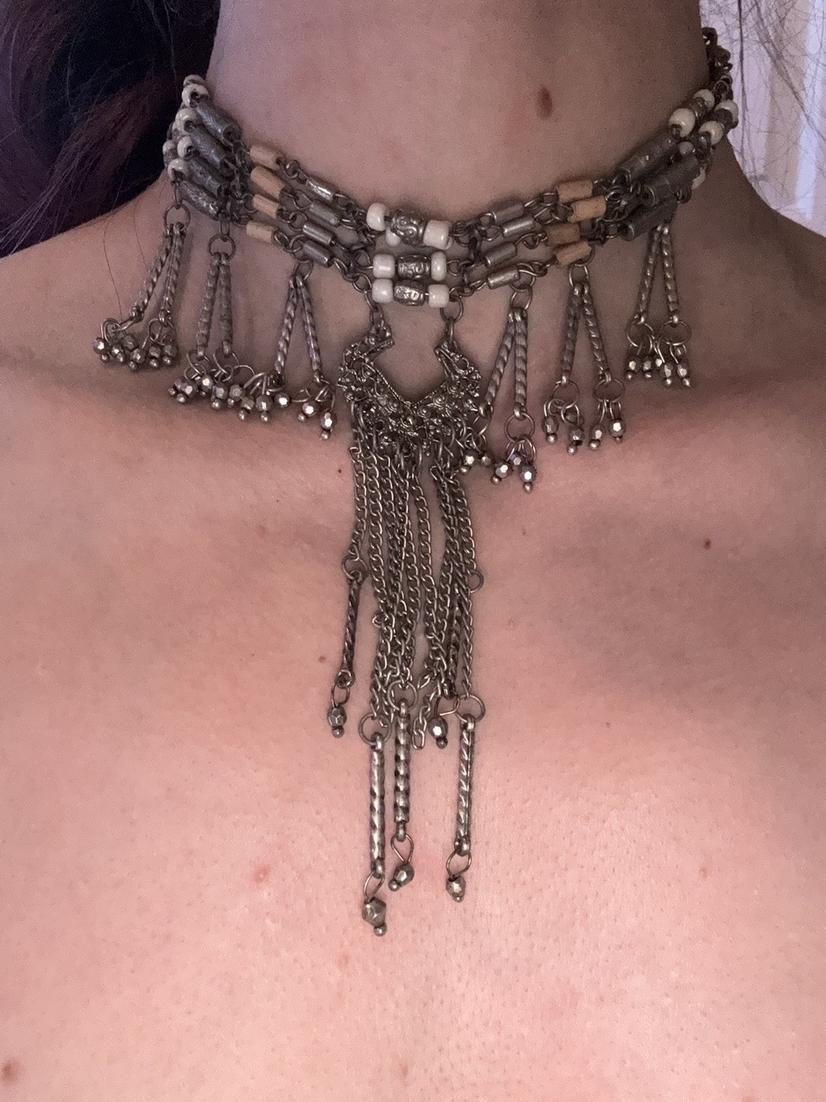 Silver Tone Boho Multi-Strand Beaded Choker Adjustable Cable Chain Charm Fringe