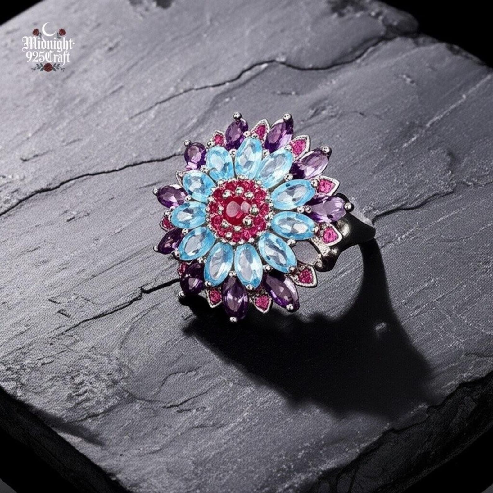 925 Sterling Silver Ruby &Amethyst Aquamarine Gemstone Ring Gift For Anniversary