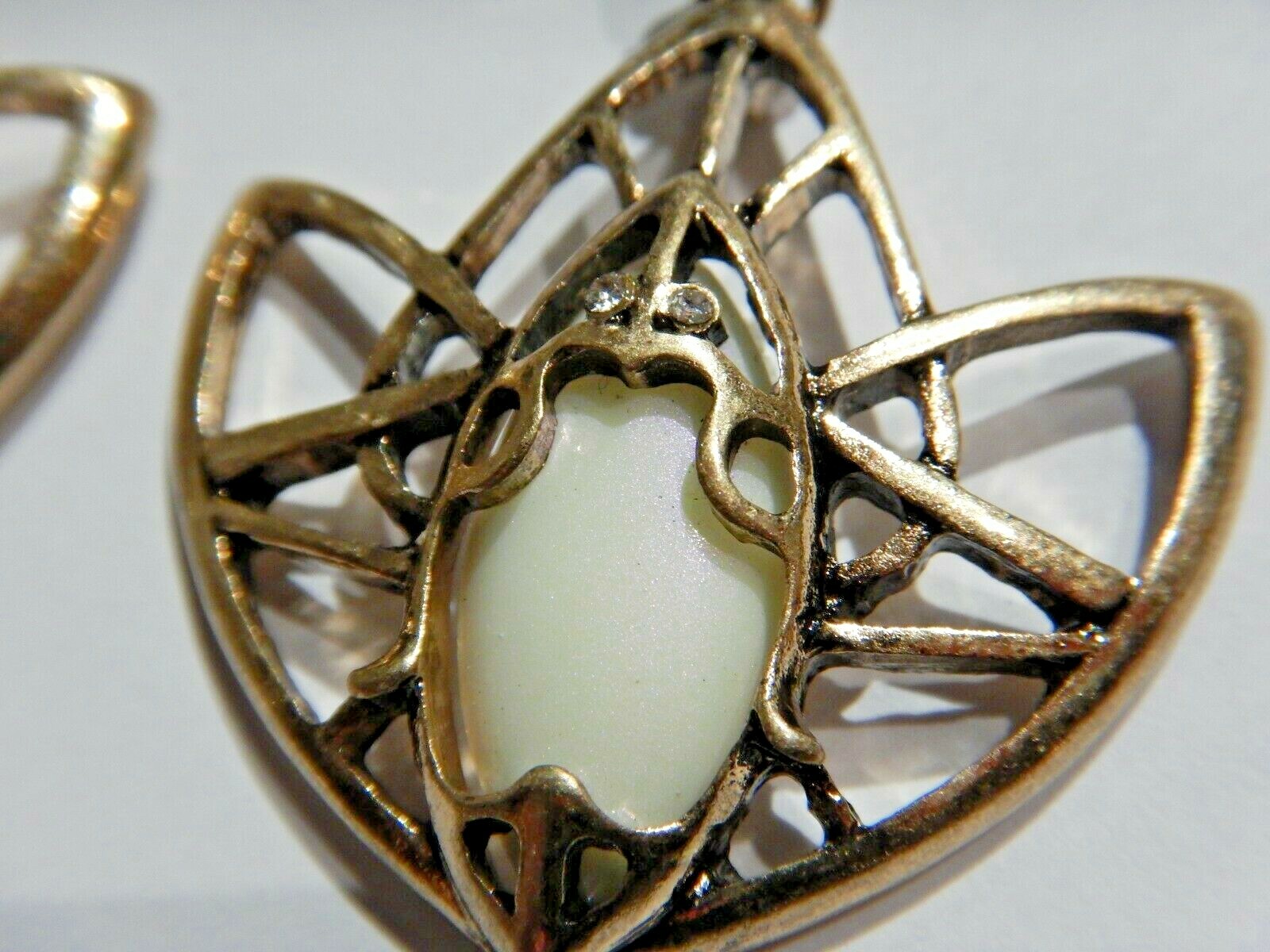 ART DECO LOTUS EARRINGS brass real keshi pearl nouveau geometric flower white V5
