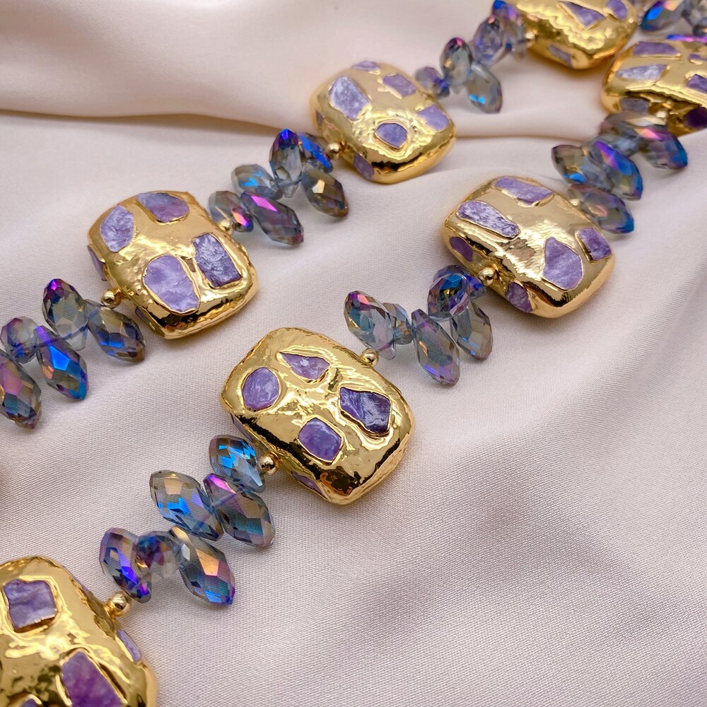 Natural Purple Charoite Chips Rectangle Choker Beaded Necklace