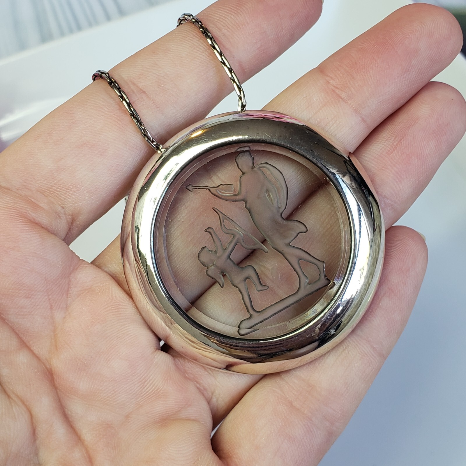 Vintage Frosted Glass Cupid Cameo Pendant Necklace Silver Chain Etched Glass