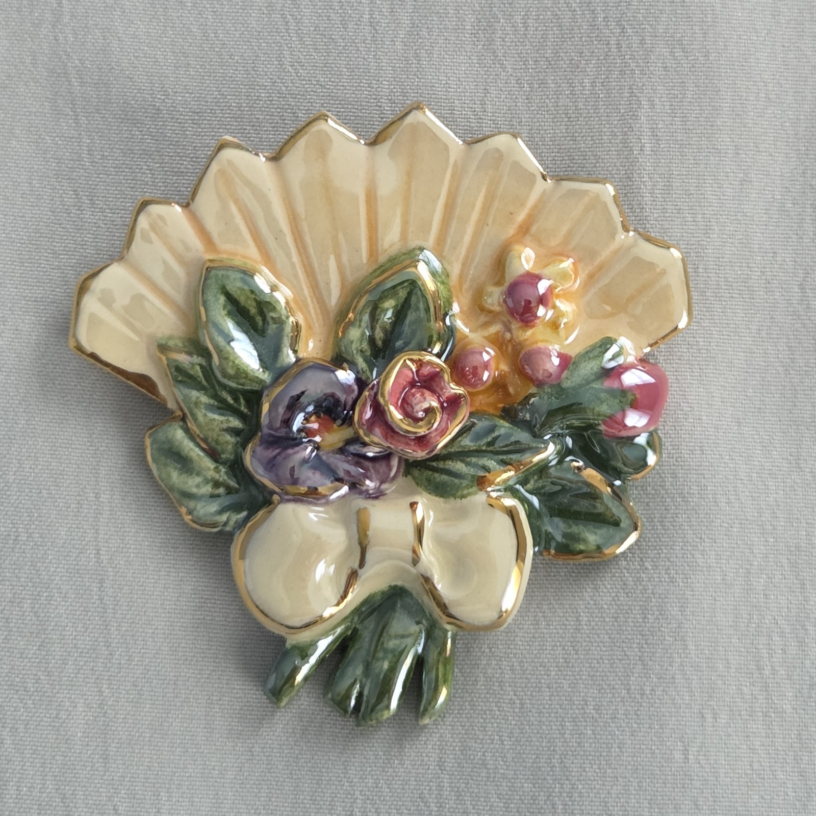Fan Shaped Brooch Enamel On Ceramic