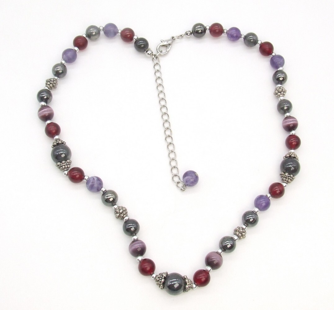 17″ Silver-T Black & Wine Red Glass Purple Cats Eye Bead Choker Necklace Beaded