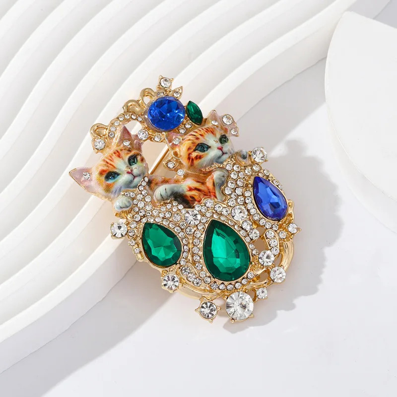 Retro Rhinestone Studded Double Cat Brooch High-end Luxury Women Pins Accessory