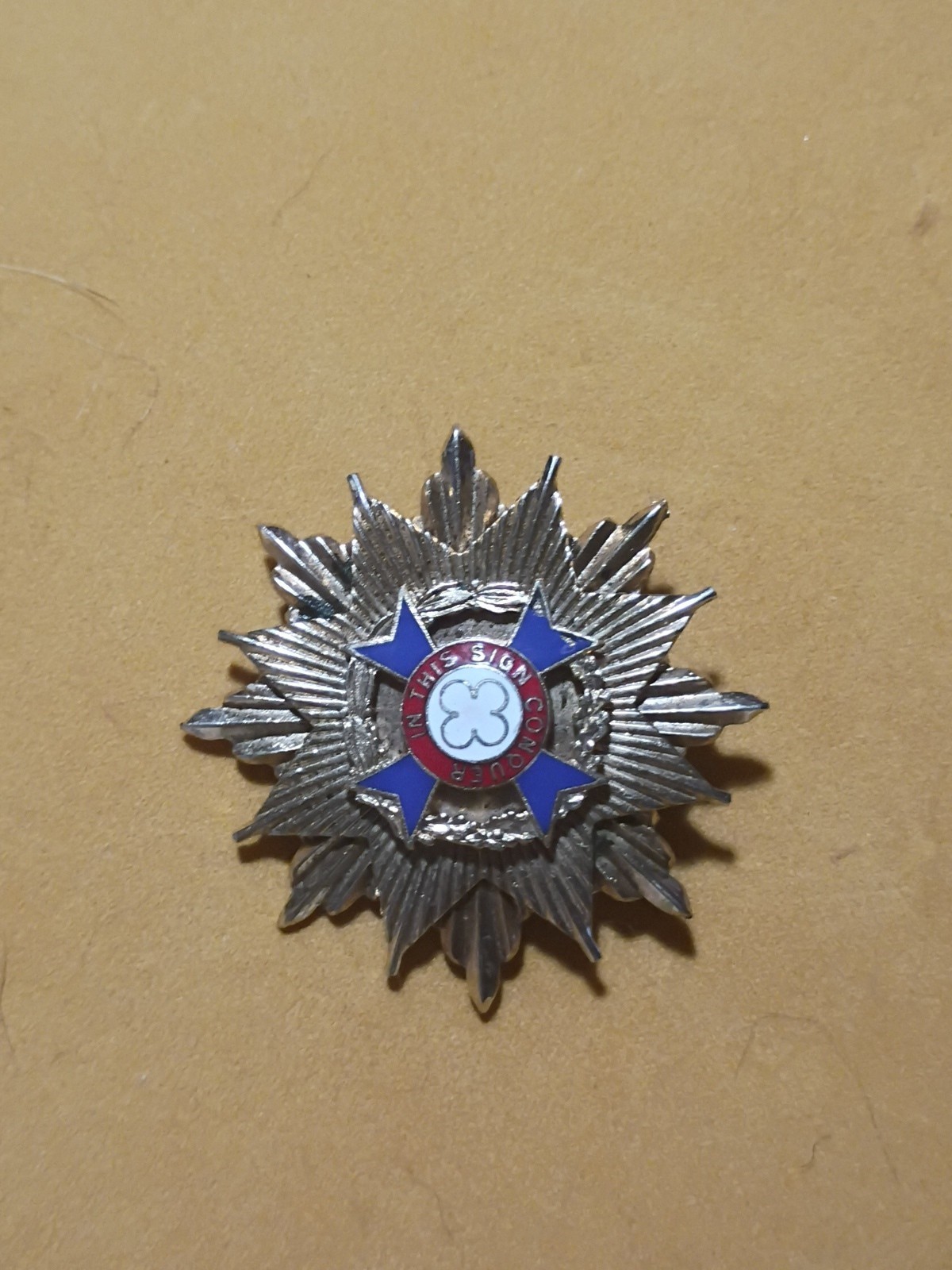 Breast Star Pin Great Britain” In This Sign Conquer” Gold Tone Vintage