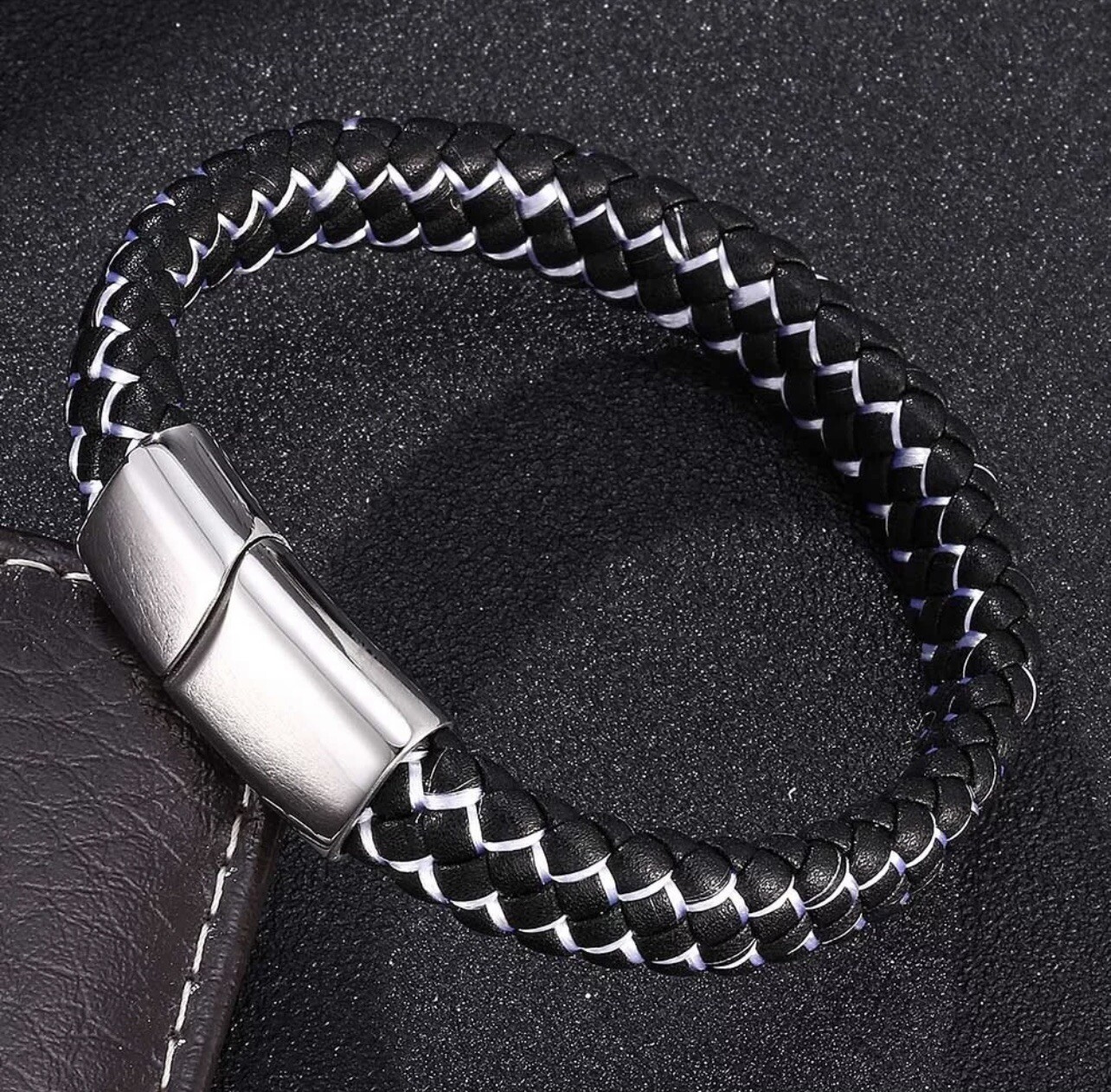 Black and White Braided Leather Bracelet with Stainless Steel Clasp