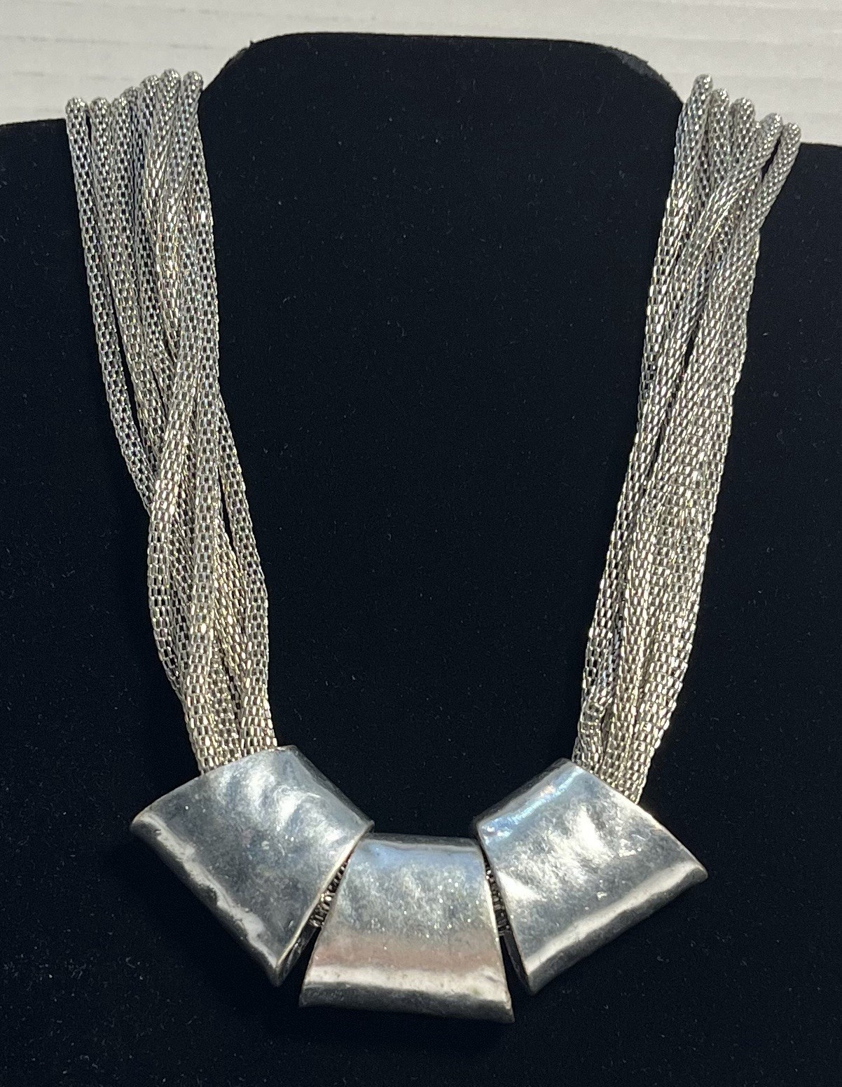 Silver-Toned Statement Necklace Multi-Strand Mesh Chains Trapezoid Pendants