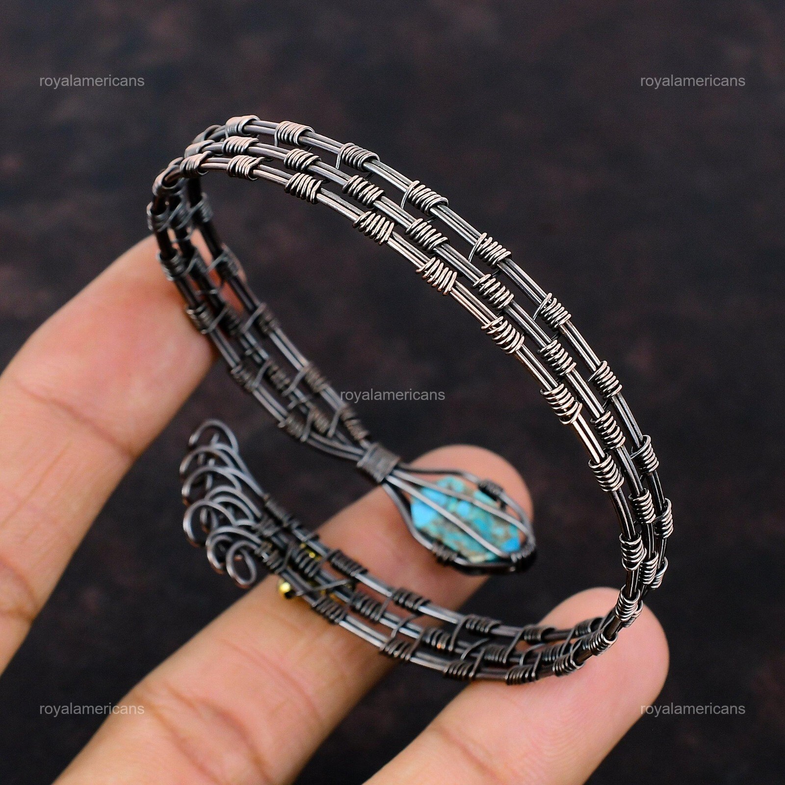 Blue Turquoise Wire Wrapped Adjustable Cuff Handcrafted Copper Designer Jewelry