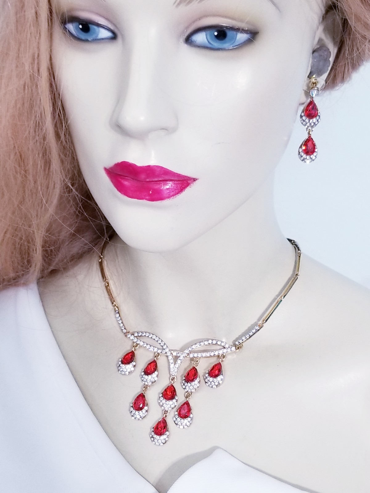 Necklace Earring Set Rhinestone Austrian Crystal Red Bridal Prom Jewelry