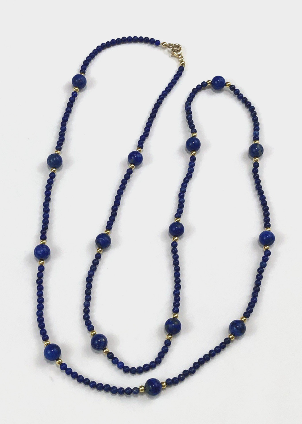 Lapis Lazuli Blue Round 3-13 mm Bead Necklace 34″L Goldtone Beads & Clasp