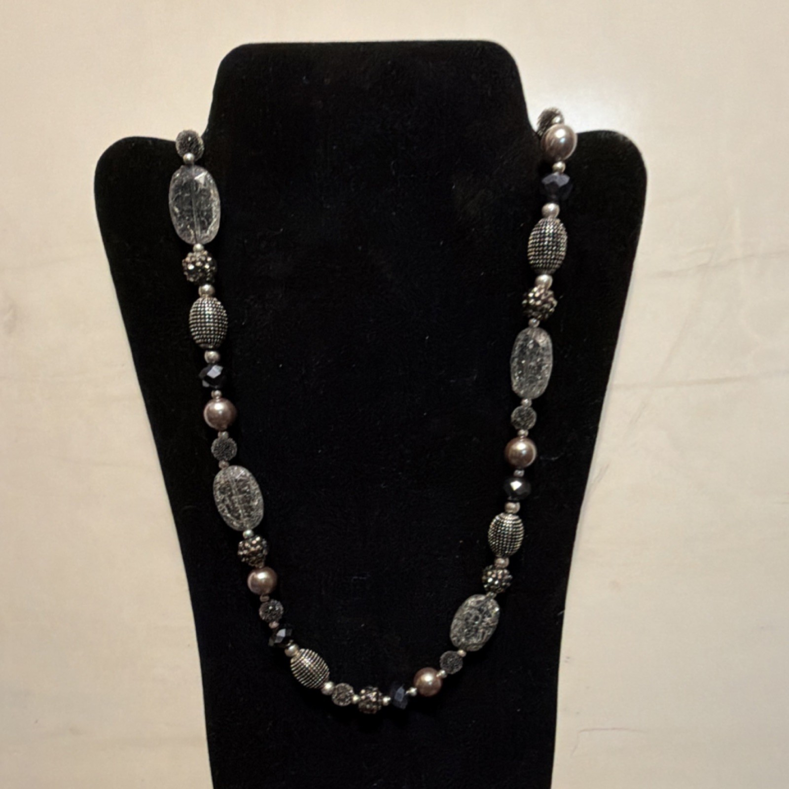 Premier Designs Statement Necklace Silver Black Gray Glass Imitation Pearl