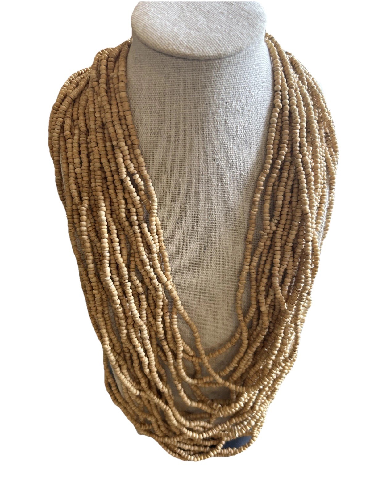 Natural Multi Strand Beaded Wood Shell Necklace Crochet Back Button Closure