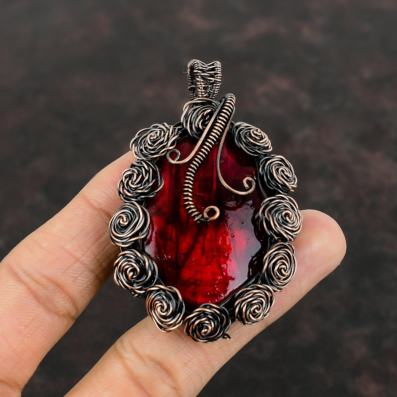 Red Fire Labradorite Copper Gift For Briedsmaid Wire Wrapped Flower 2.64″