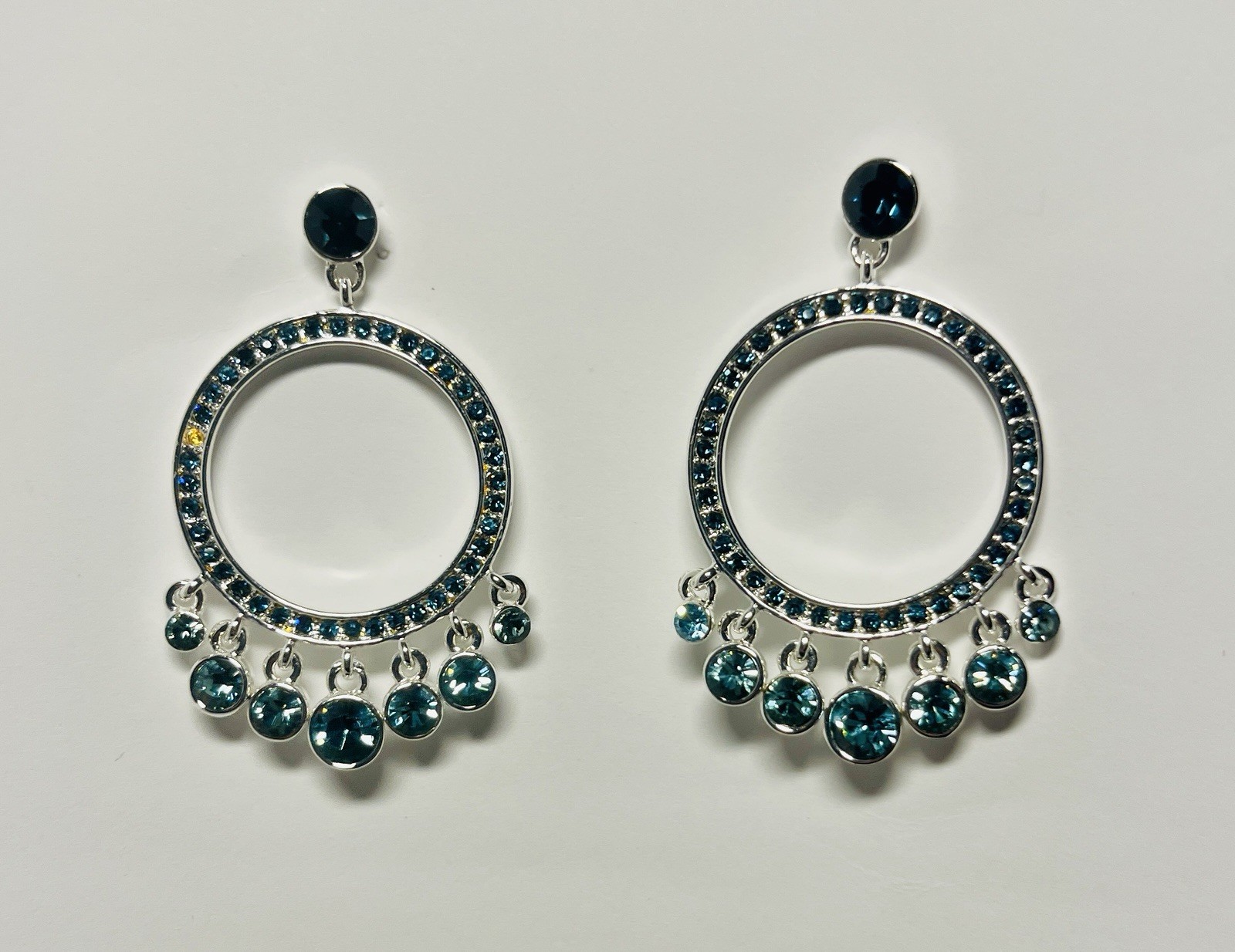 Crystal Circular Silver Blue/Green Teardrop Earrings