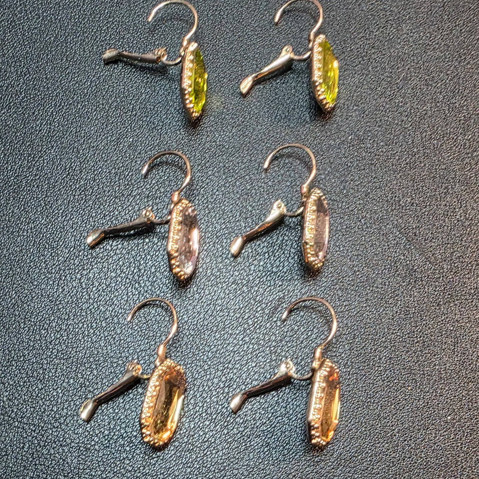 Gold Tone Simulated Crystal Leverback Earring Lot (3 Pairs) – Amber, Gray & Lime
