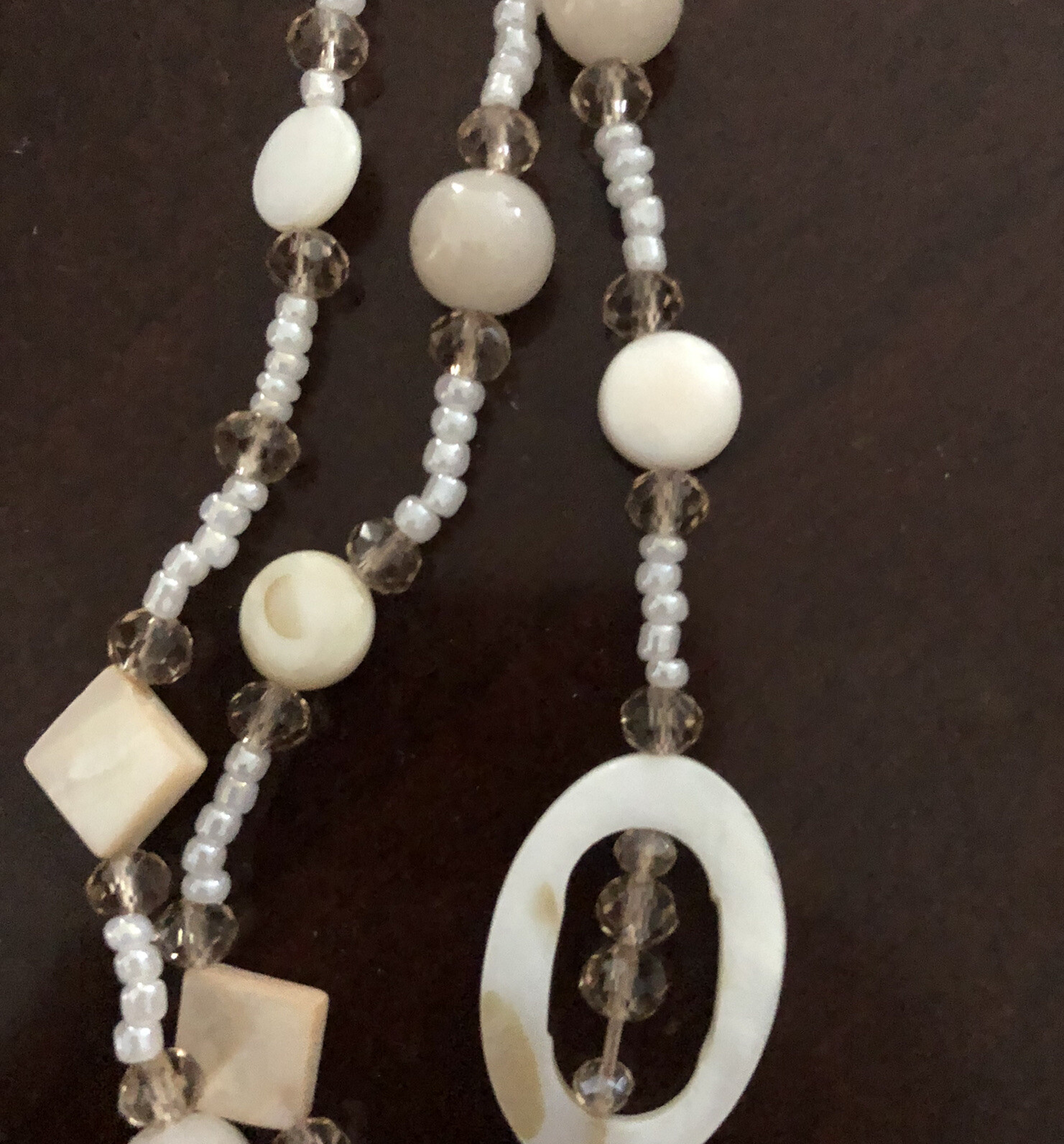 Women’s Necklace 28” White Champagne Beaded Shell Double Strand Silver Tone 28”