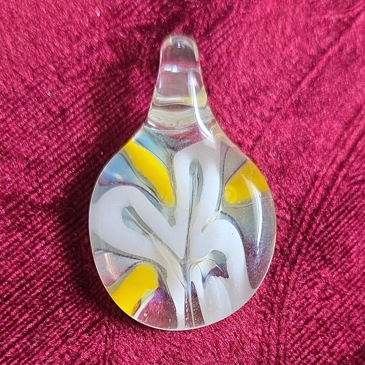 Clear Glass Teardrop Pendant Charm White & Yellow Swirl Design