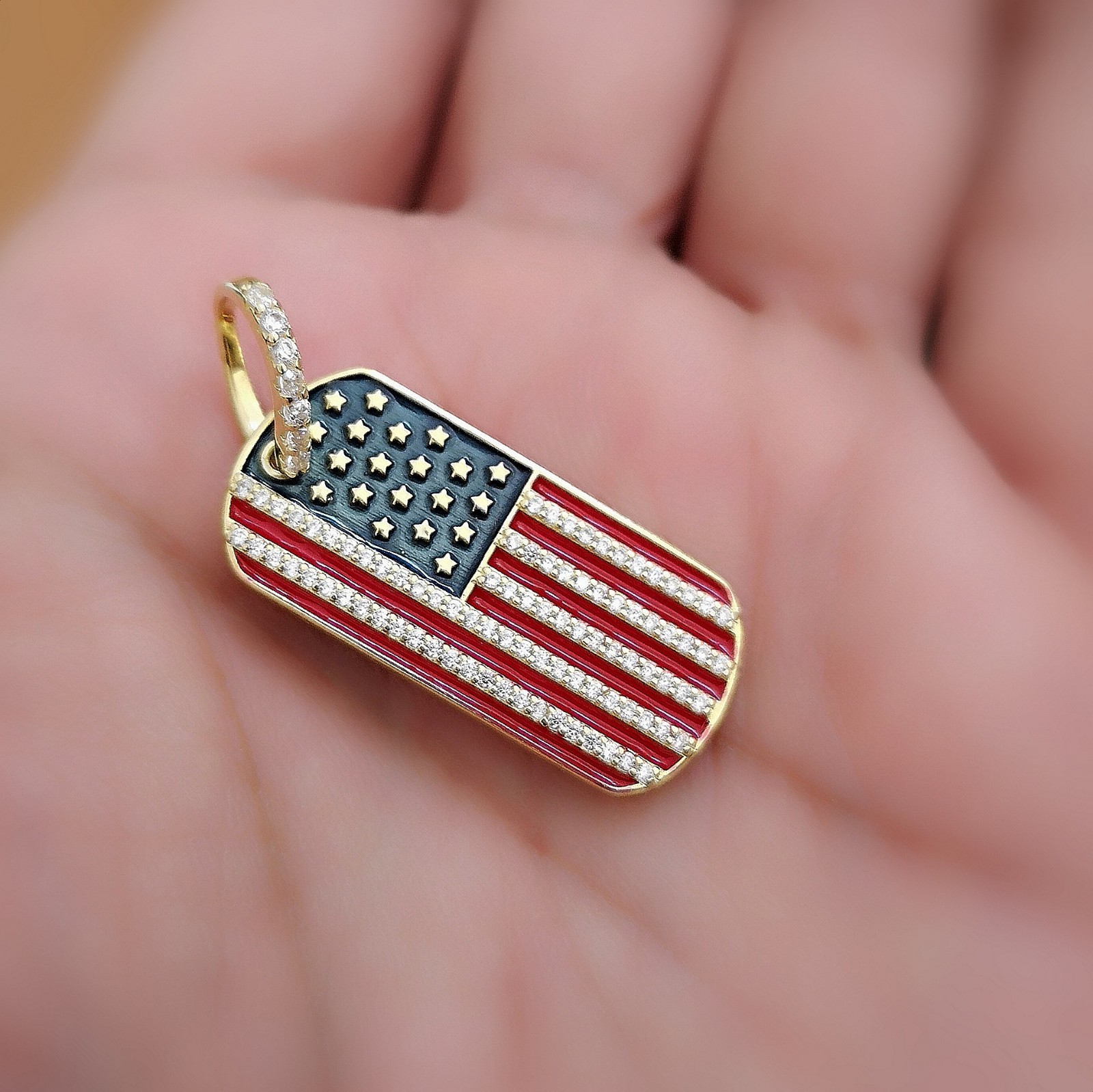 USA Flag Necklace Pendant Simulated Diamond in 14K White Yellow Gold Plated