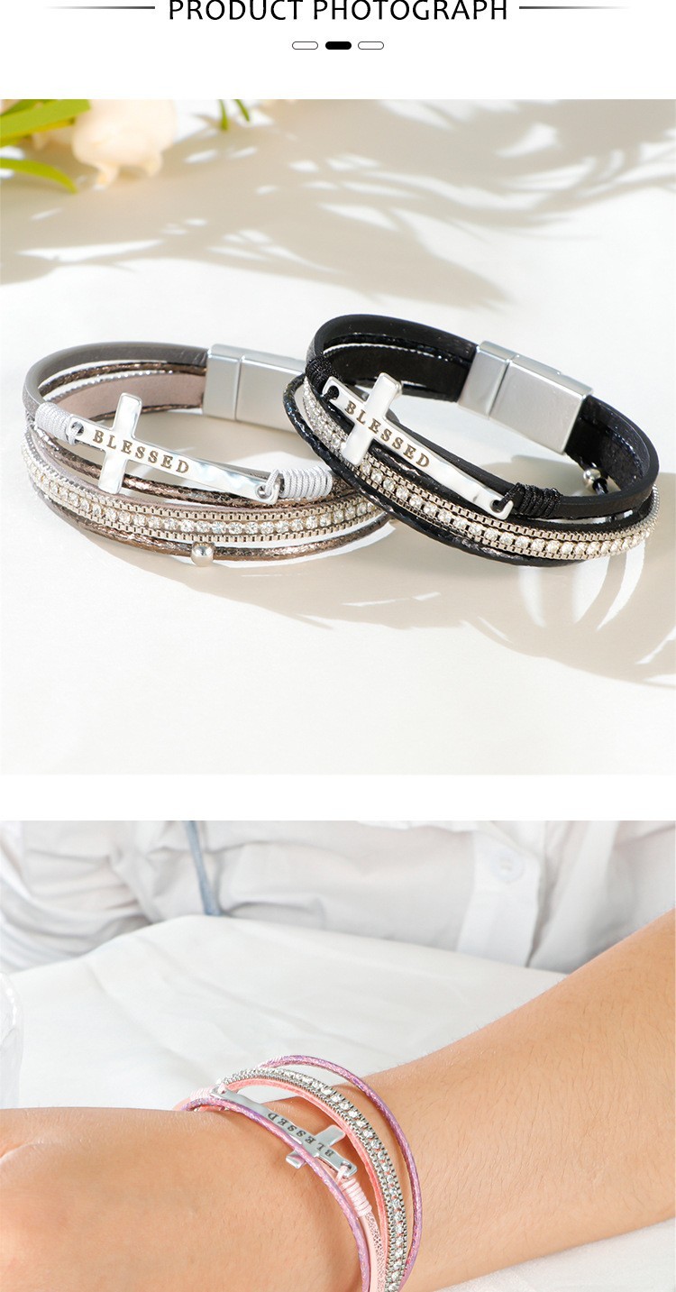 Boho Cross Layered Leather Bracelet Rhinestone Magnetic Clasp Women’s Jewelry