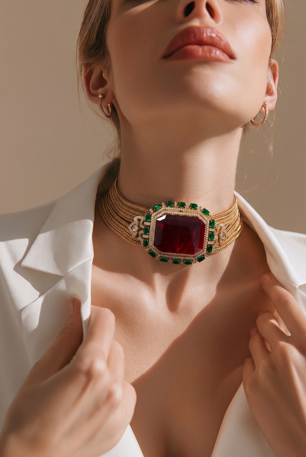 Gold Tone Choker & Earrings Set Red Octagon Stone with Green Accents