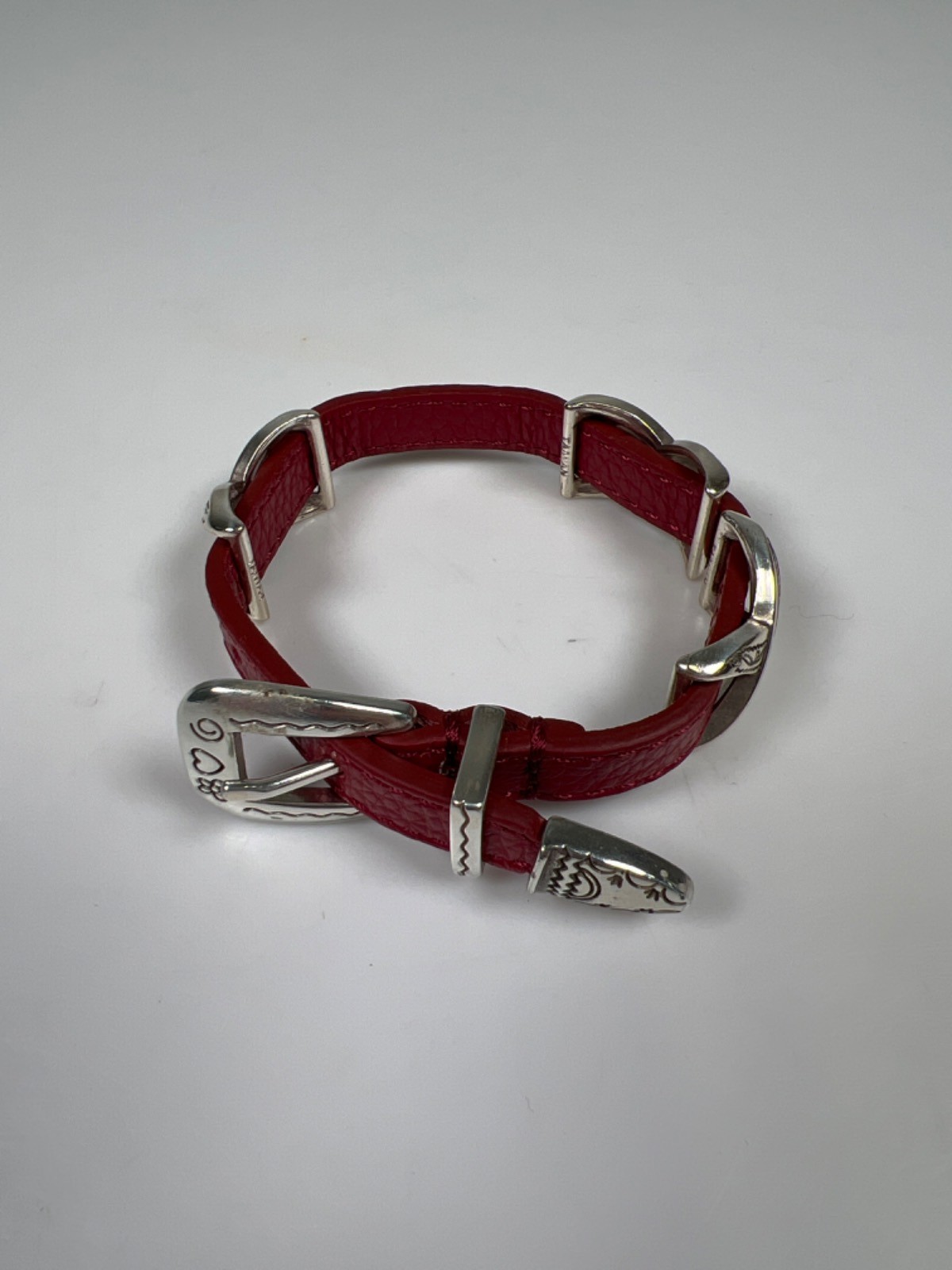 Brighton Women’s Red Leather Kriss Kross Etched Bandit 9in Bracelet