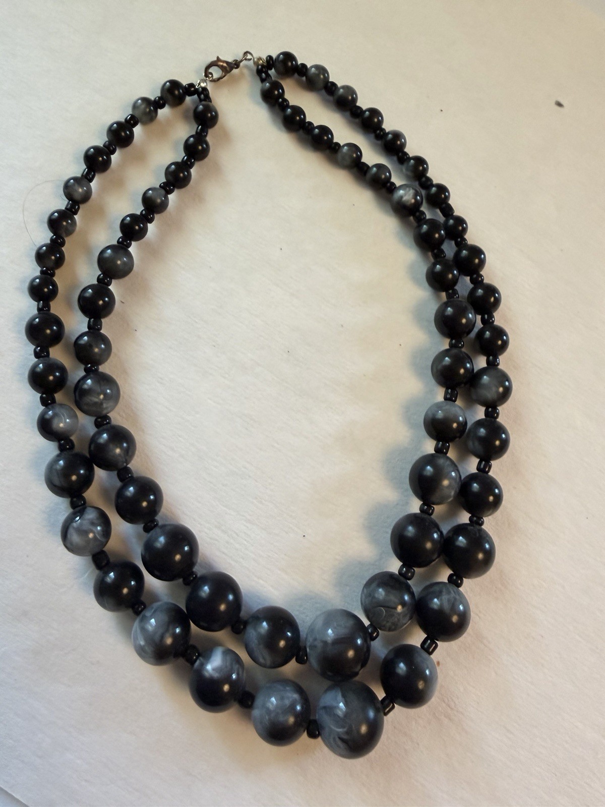 Black & Gray Plastic Beaded Layered Double Strand Necklace, Lobster Clasp