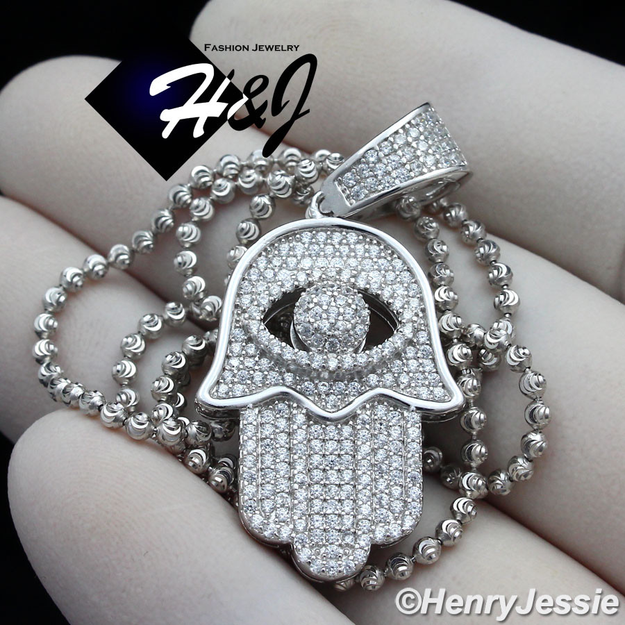 925 STERLING SILVER 24″X2MM MOON CUT BEAD CHAIN ICY CZ 3D HAMSA HAND PENDANT*178