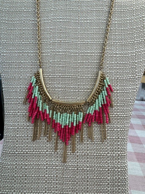 Boho Gold Tone Seed Bead Fringe Statement Necklace Pink Mint Green Bib Collar