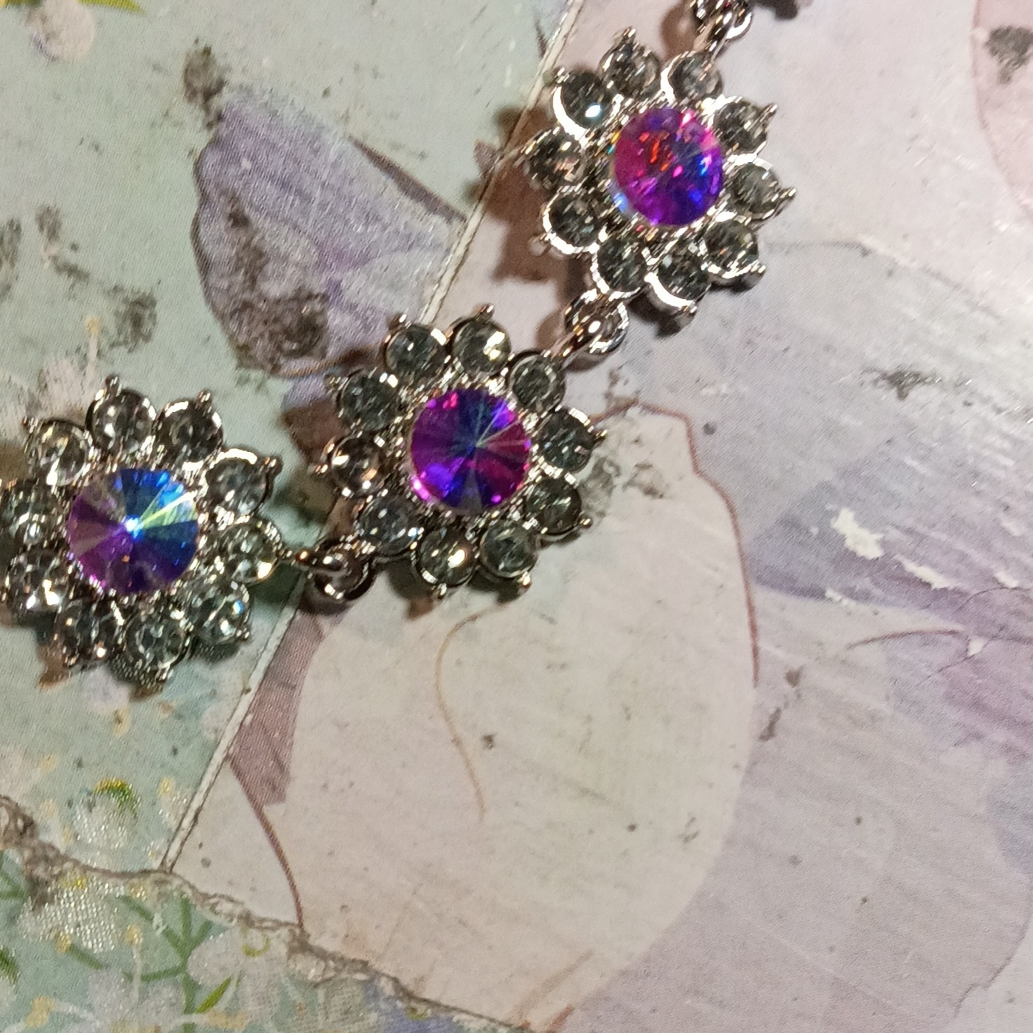 Silver Tone Purple Crystal Rhinestone Flower Station Cable Chain Necklace
