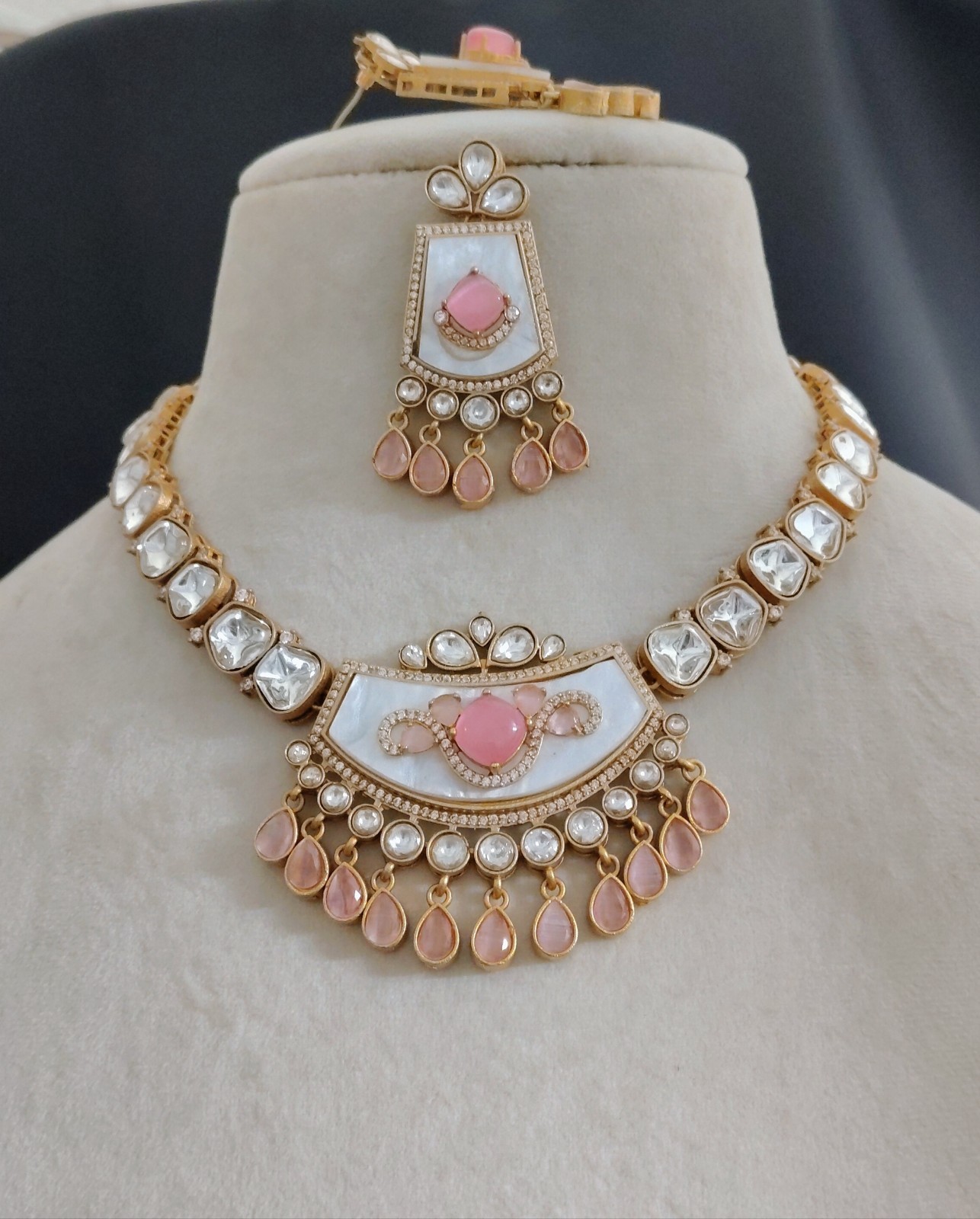 Zahida Royal Blush Pink Polki Necklace Set with Matching Earrings Roz Jewellers.