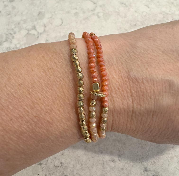 Gold Salmon Pink Crystal Beaded Stretch Necklace or Bracelet