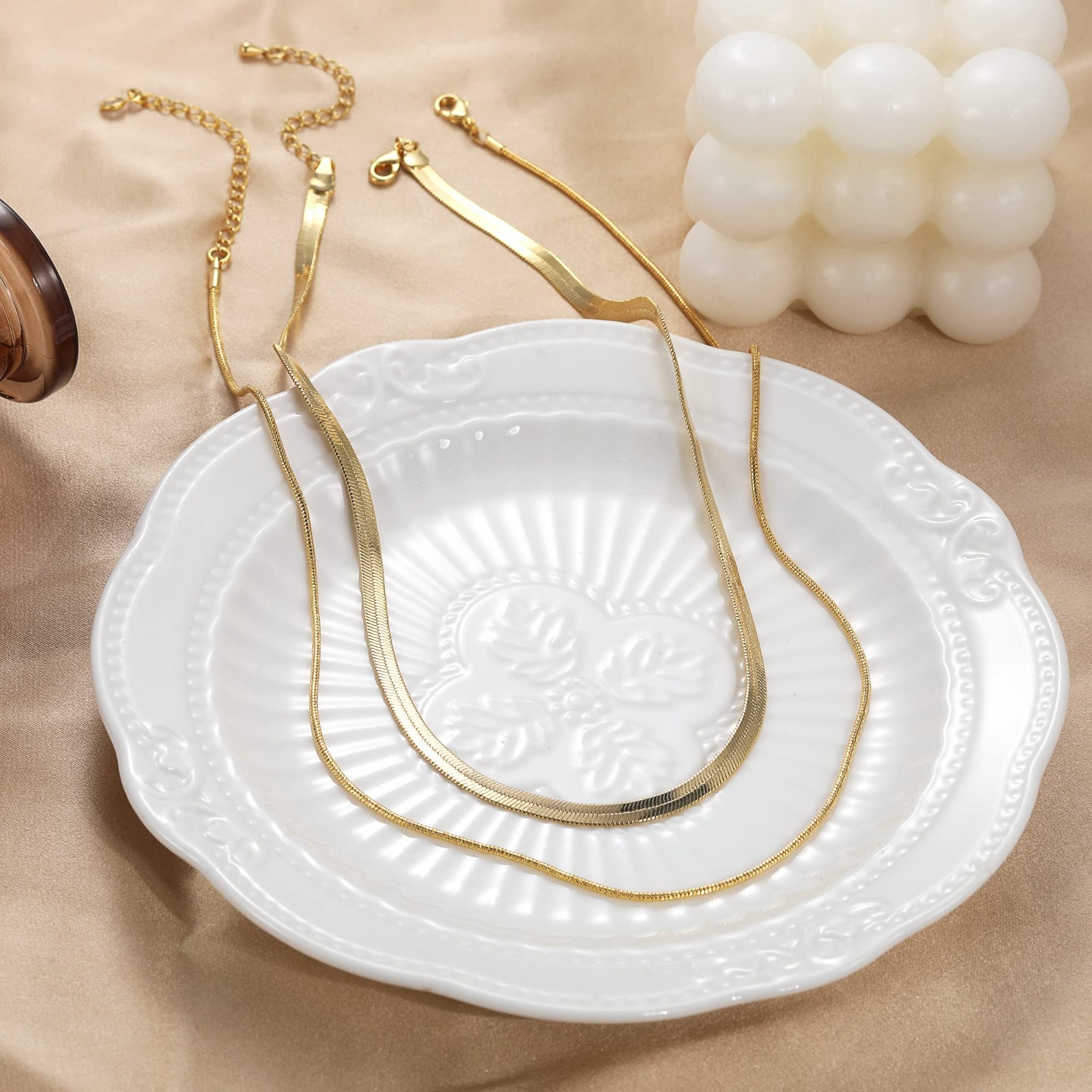 14K Gold/Silver Plated Herringbone Snake Chain Necklace for Women, Choker Jewelr