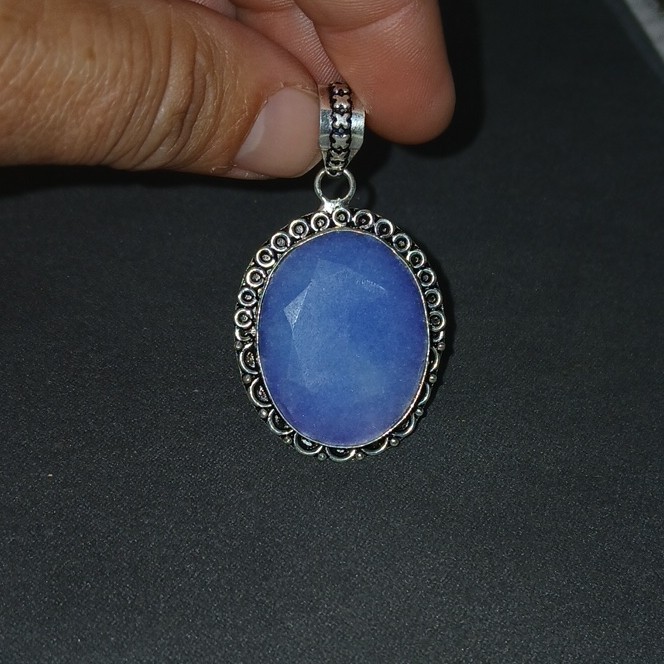 925 SS Simulated Blue Sapphire Pendant Charm Bezel Setting Handmade In India