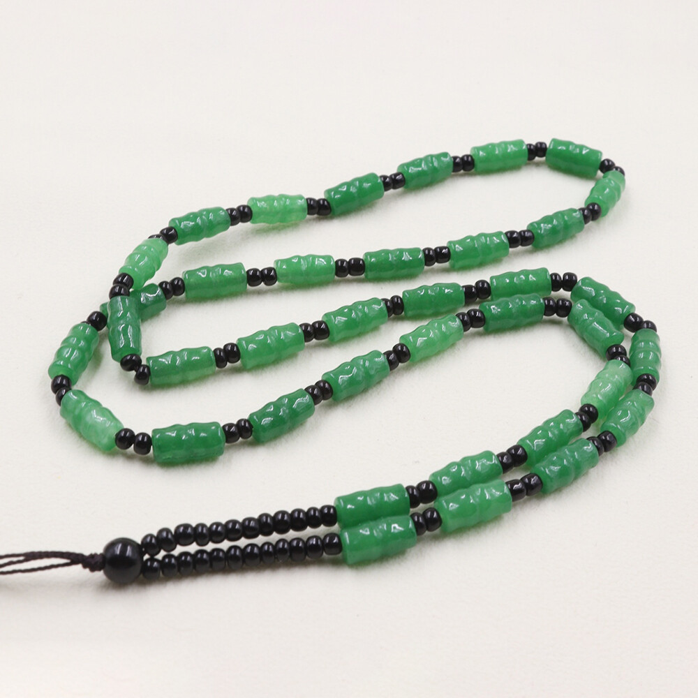 Real Chinese Heated Green Jade Lucky 10*5mm Lucky Bamboo Beads Necklace 23.6inch