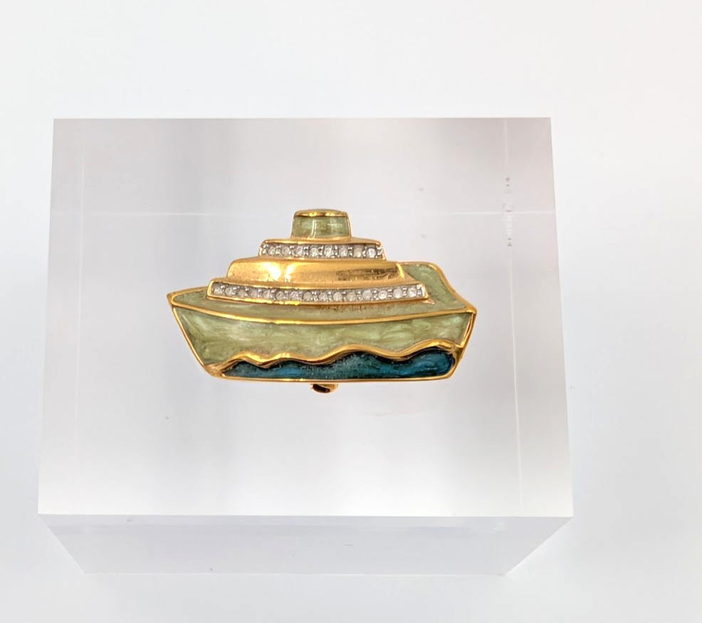 VTG Swarovski Cruise Ship Boat Pin Brooch Pave Gold Tone Nautical Ocean Liner