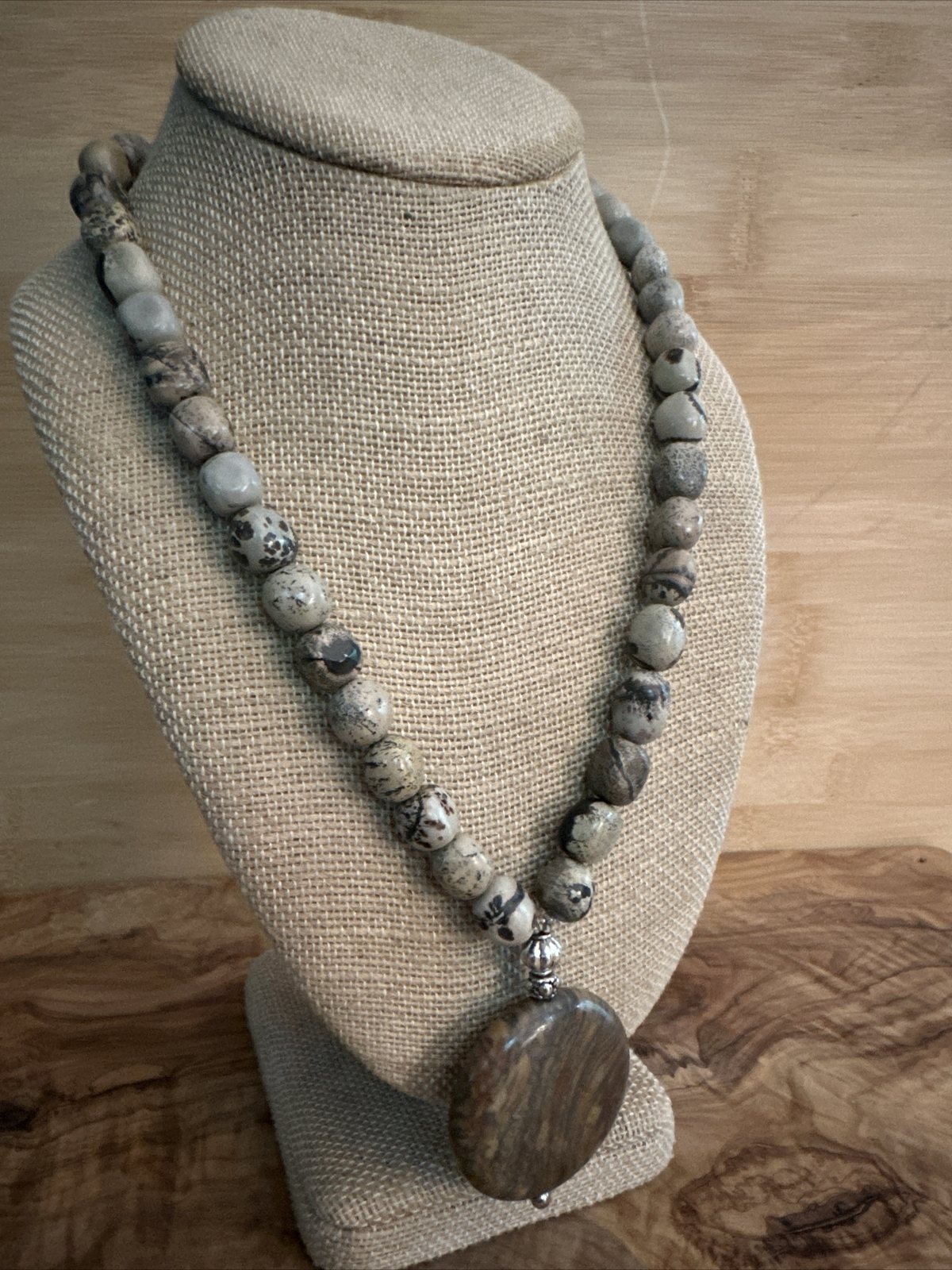 Artisan Circle Stone Pendant Necklace Beaded Silver Tone Toggle Clasp