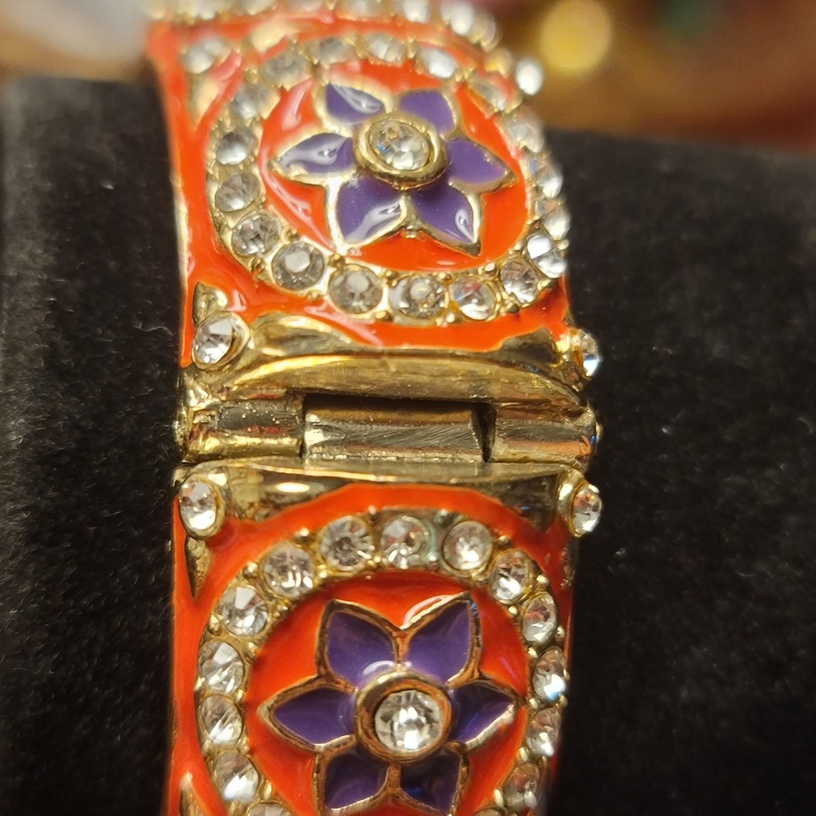 Gold Tone Bangle Bracelet, orange enamel, purple flowers, clear Rhinestones