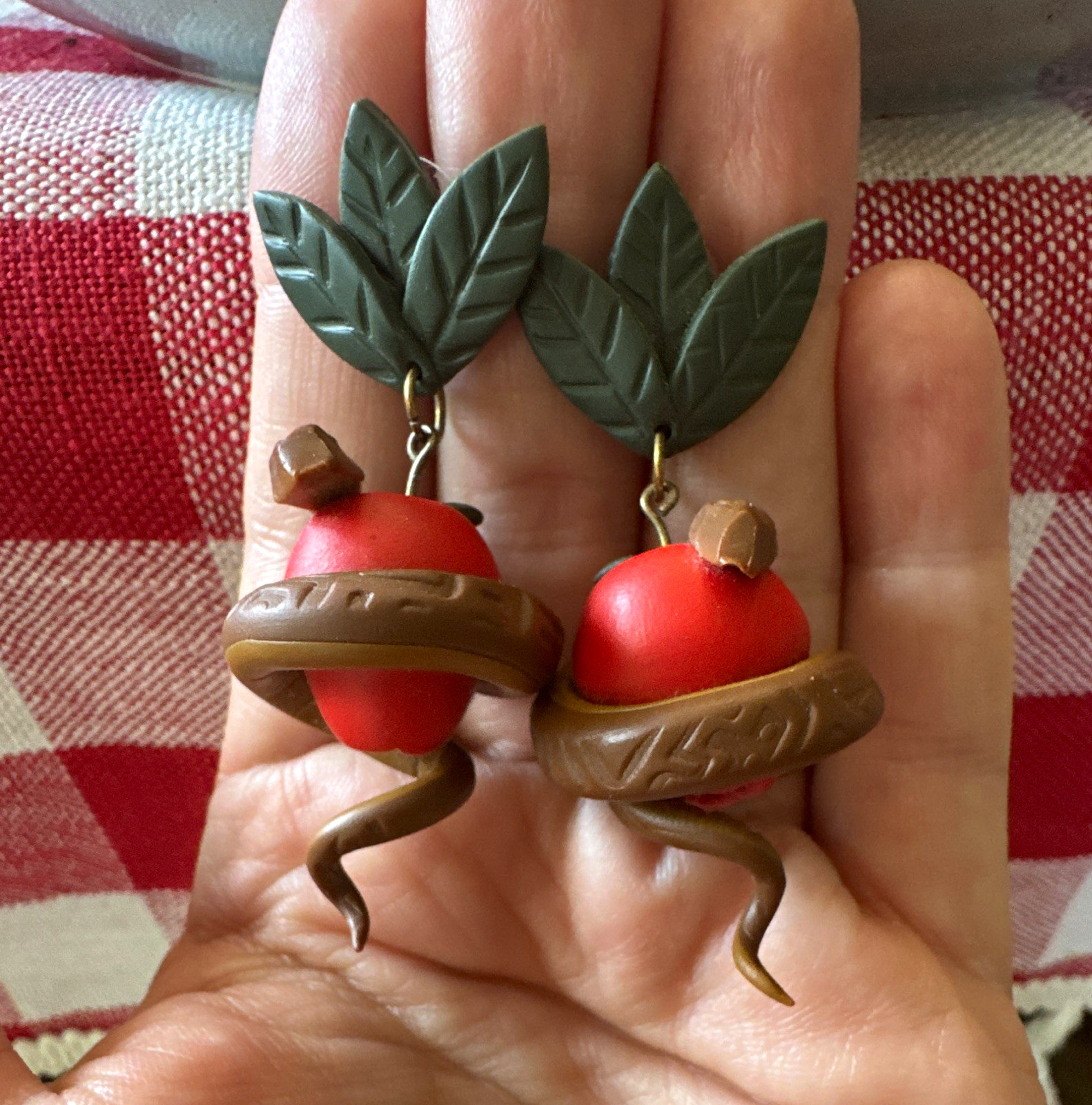 Clay Apple & Snake Dangle/Drop Stud Earrings, Butterfly Closure, No Stone