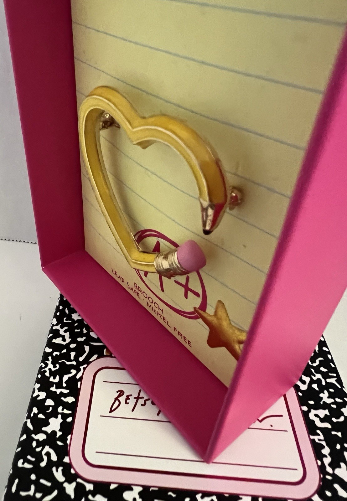 Betsey Johnson Brooch Heart Pencil Yellow With Star Accent NWT With Box