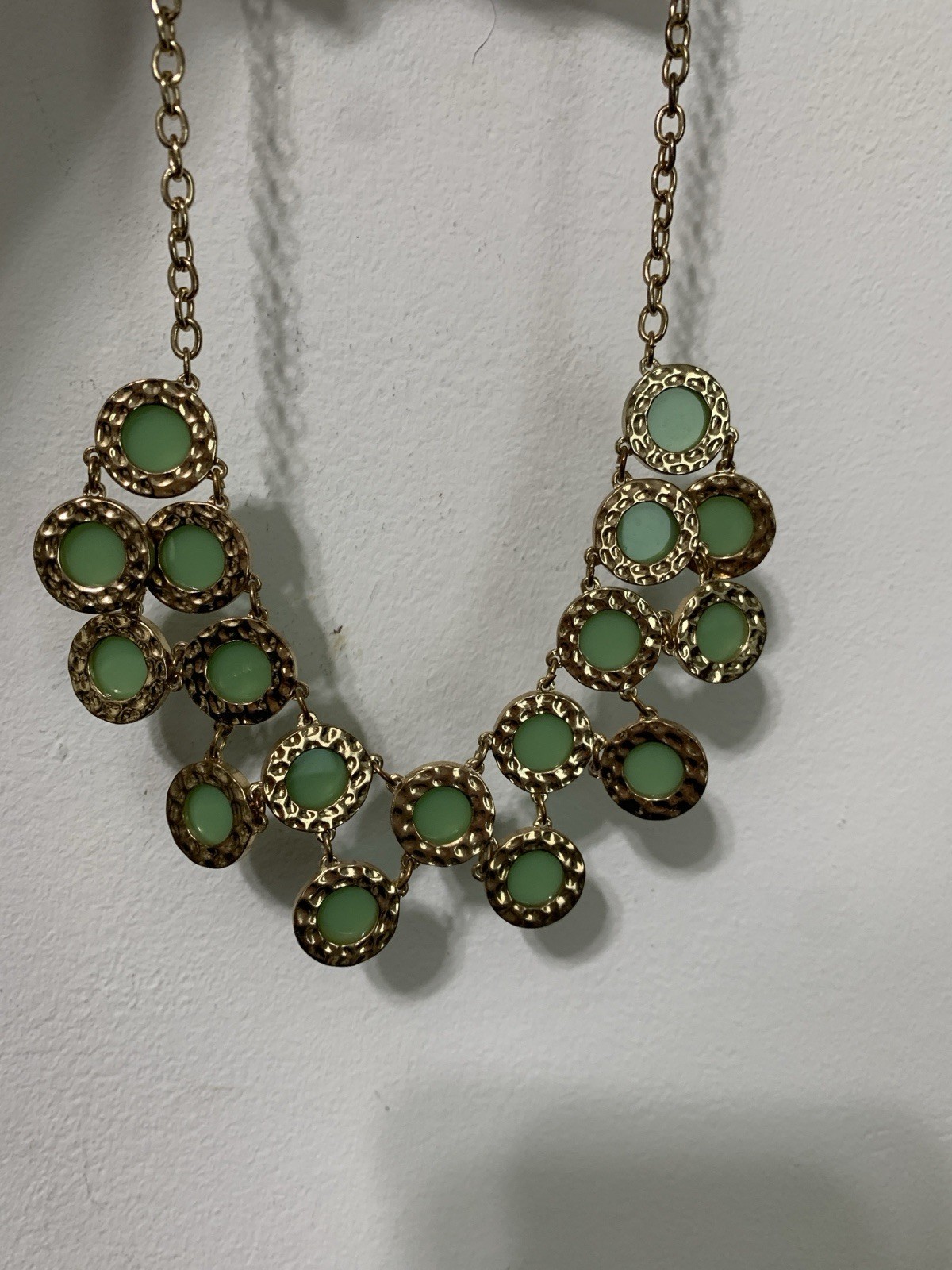 Vintage Green Beaded Gold Tone Chain Statement Bib Necklace Chunky Bohemian